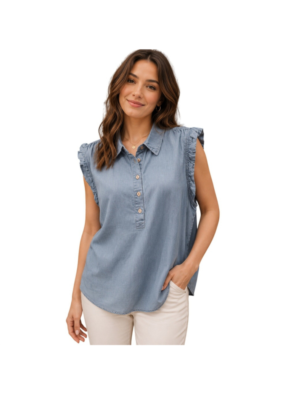 Lyocell Chambray Ruffle Sleeve Button Front Top Blue Casual Kathy Ireland XL EUC